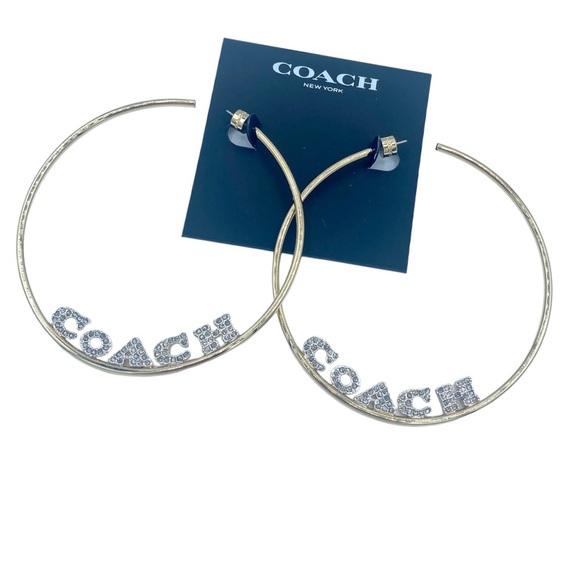 NWT Coach massive huge gold tone Signature Logo Hoop Earrings with rhinestones - Picture 12 of 13